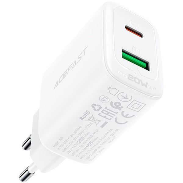 Acefast - Wall Charger (A25) - Type-C, USB, 20W, 3A, Power Delivery, Fast Charging - White