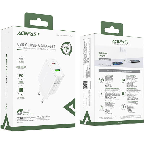 Acefast - Wall Charger (A25) - Type-C, USB, 20W, 3A, Power Delivery, Fast Charging - White