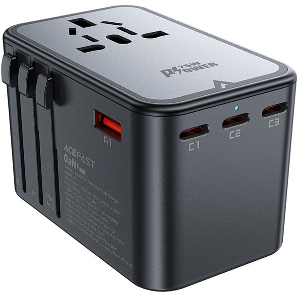 Acefast - Travel Adapter (Z1) - 3x Type-C, 2x USB, GaN, EU, UK, AUS, US, PD75W, Multifunctional Fast Charger - Black