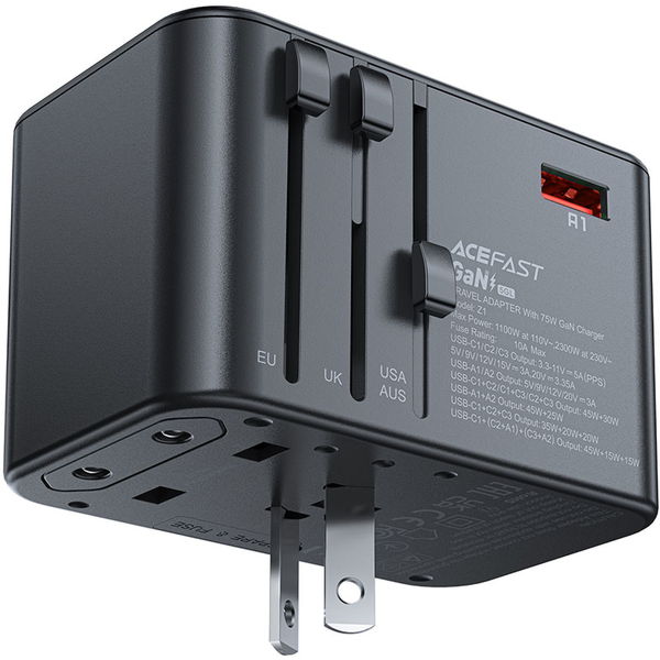 Acefast - Travel Adapter (Z1) - 3x Type-C, 2x USB, GaN, EU, UK, AUS, US, PD75W, Multifunctional Fast Charger - Black