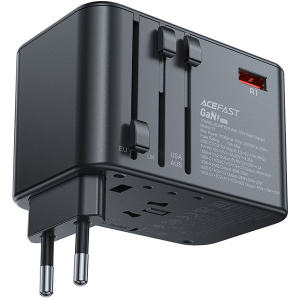 Acefast - Travel Adapter (Z1) - 3x Type-C, 2x USB, GaN, EU, UK, AUS, US, PD75W, Multifunctional Fast Charger - Black