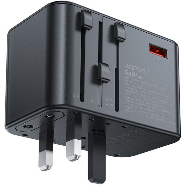 Acefast - Travel Adapter (Z1) - 3x Type-C, 2x USB, GaN, EU, UK, AUS, US, PD75W, Multifunctional Fast Charger - Black