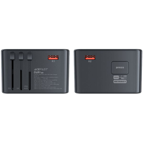 Acefast - Travel Adapter (Z1) - 3x Type-C, 2x USB, GaN, EU, UK, AUS, US, PD75W, Multifunctional Fast Charger - Black