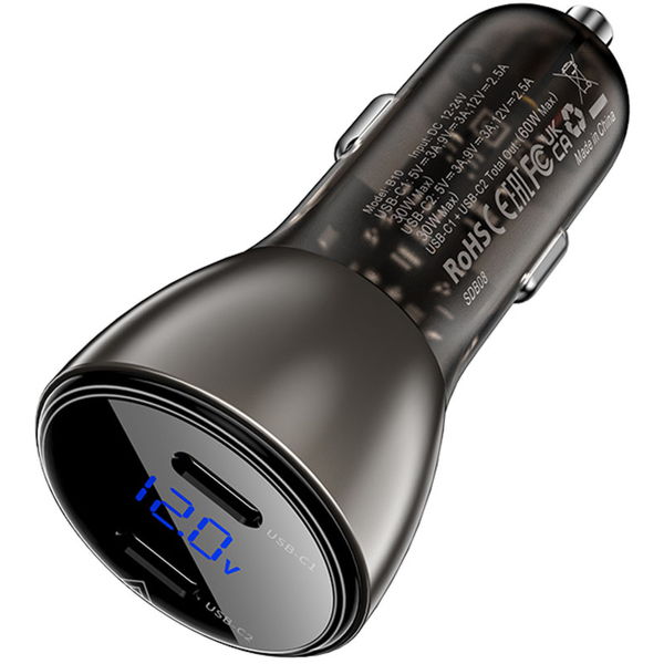 Acefast - Car Charger (B10) - 2x Type-C, Dual Fast Charging, 60W, with LED Digital Display - Black