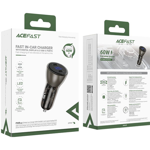 Acefast - Car Charger (B10) - 2x Type-C, Dual Fast Charging, 60W, with LED Digital Display - Black