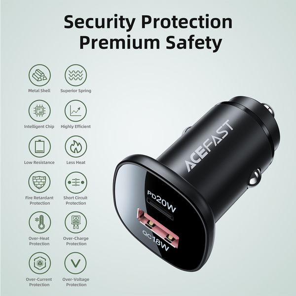 Acefast - Car Charger (B1) - Type-C, USB, Dual-Port, 38W, PD Fast Charging, with LED Light - Black