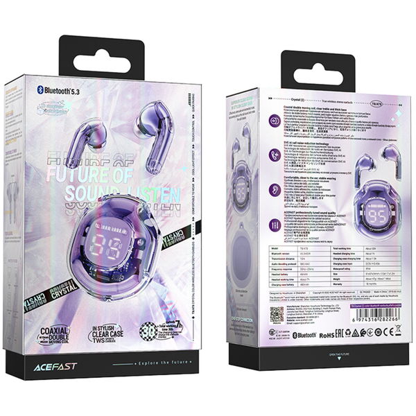 Acefast - Wireless Earbuds (T8) - USB-C, IPX4, Bluetooth 5.3, AI Call Noise Reduction, Digital Display, 480mAh - Purple