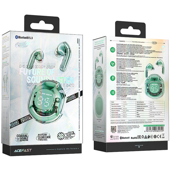 Acefast - Wireless Earbuds (T8) - USB-C, IPX4, Bluetooth 5.3, AI Call Noise Reduction, Digital Display, 480mAh - Mint Green