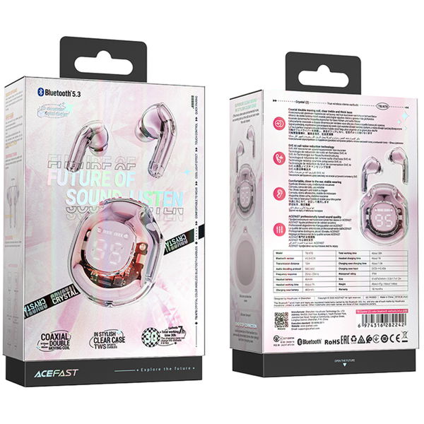 Acefast - Wireless Earbuds (T8) - USB-C, IPX4, Bluetooth 5.3, AI Call Noise Reduction, Digital Display, 480mAh - Lotus Pink