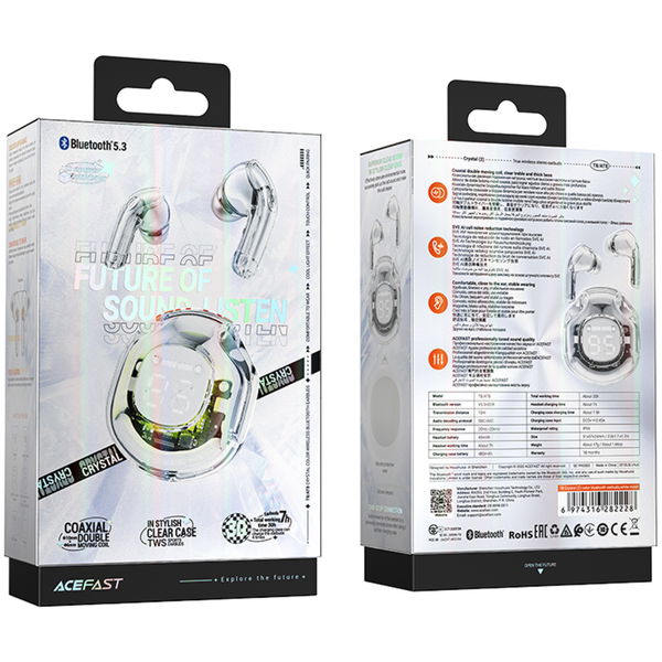 Acefast - Wireless Earbuds (T8) - USB-C, IPX4, Bluetooth 5.3, AI Call Noise Reduction, Digital Display, 480mAh - White Moon