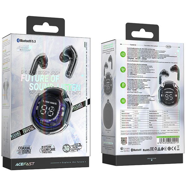 Acefast - Wireless Earbuds (T8) - USB-C, IPX4, Bluetooth 5.3, AI Call Noise Reduction, Digital Display, 480mAh - Bright Black