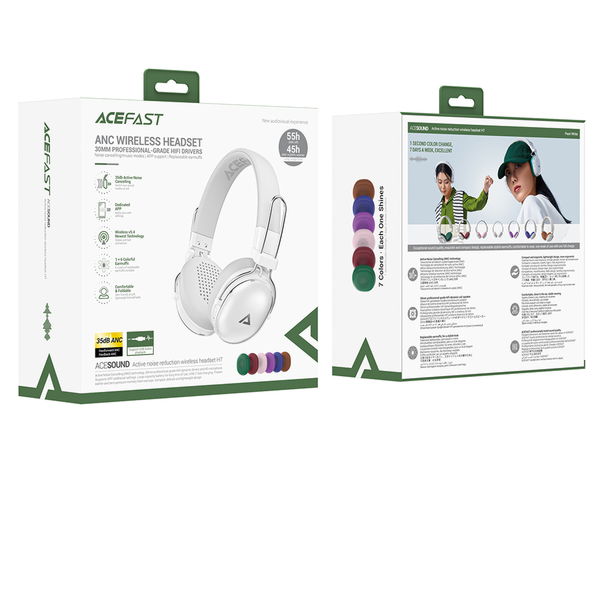 Acefast - Wireless Headset (H7) - Type-C, Bluetooth 5.4, Active Noise Reduction, IP54, 500mAh, Hi-Fi Sound - Pearl White
