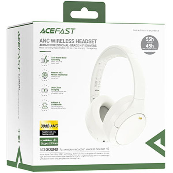 Acefast - Wireless Headset (H6) - Type-C, Bluetooth 5.3, Active Noise Reduction, IPX4, 500mAh, Hi-Fi Sound - White