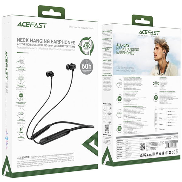 Acefast - Bluetooth Earphones (N3) - Behind the Head, Neckband, Noise Reduction, Bluetooth 5.4, IPX4, 300mAh - Black