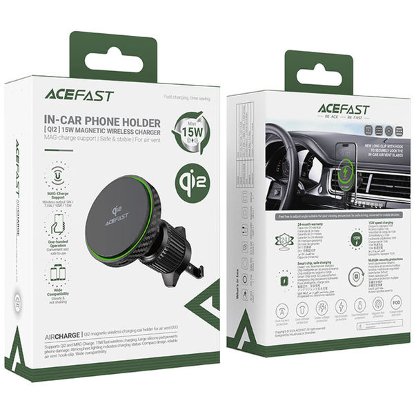 Acefast - Car Holder with Wireless Charging (D33) - for iPhone, Magnetic Grip, for Air Vent, Qi2, LED Light, 15W - Black