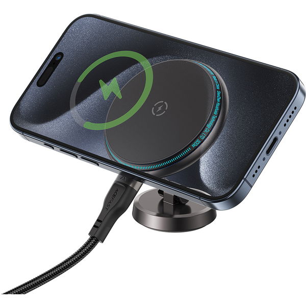 Acefast - Car Holder with Wireless Charging (D30) - for iPhone, Magnetic Grip, 360°, LED Light, for Dashboard, 15W - Black