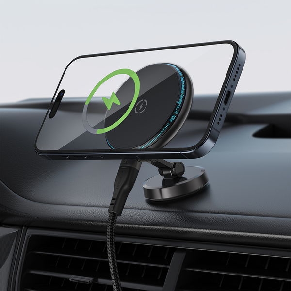 Acefast - Car Holder with Wireless Charging (D30) - for iPhone, Magnetic Grip, 360°, LED Light, for Dashboard, 15W - Black