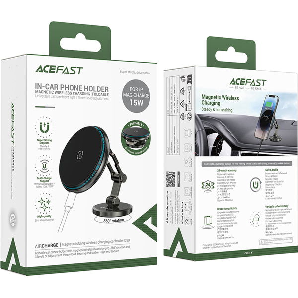 Acefast - Car Holder with Wireless Charging (D30) - for iPhone, Magnetic Grip, 360°, LED Light, for Dashboard, 15W - Black