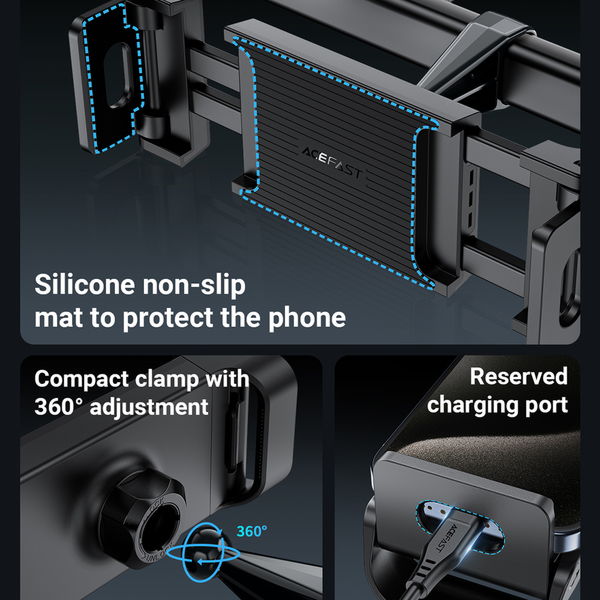 Acefast - Car Holder (D8) - for In-car Headrest, Adjustable, Folding Clamp Arm, for Devices 4.7-12.9 - Black