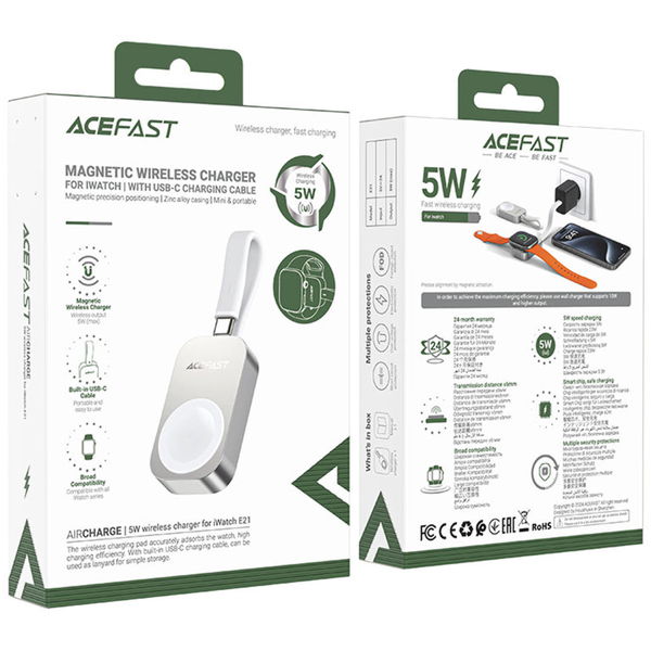 Acefast - SmartWatch Wireless Charger (E21) - for iWatch, 5W, with Type-C Cable, Broad Compatibility, Portable - Silver