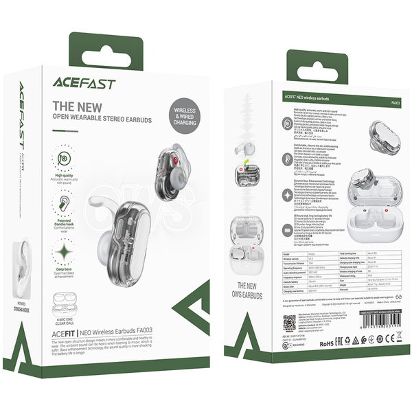 Acefast - Wireless Earbuds Acefit Neo (FA003) - USB-C, IPX4, Bluetooth 5.3, Call Noise Reduction, Bass Effect, 550mAh - White