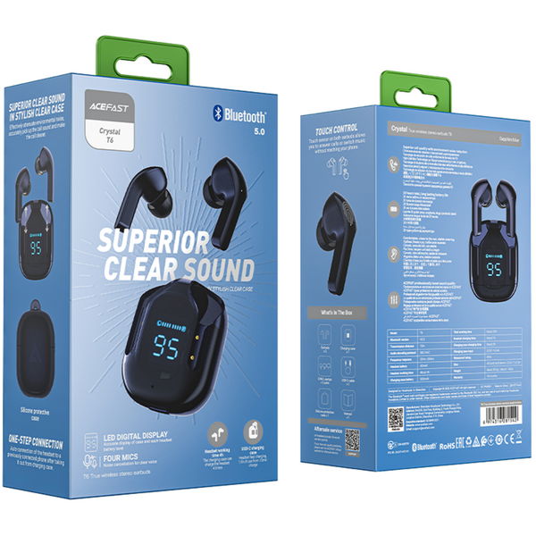 Acefast - Wireless Earbuds (T6) - USB-C, IPX4, Bluetooth 5.3, ENC, Fast Charging, LED Digital Display, 500mAh - Sapphire Blue
