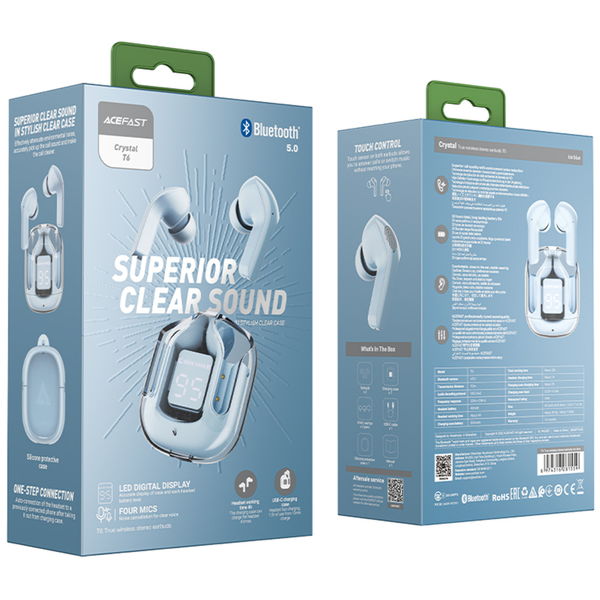 Acefast - Wireless Earbuds (T6) - USB-C, IPX4, Bluetooth 5.3, ENC, Fast Charging, LED Digital Display, 500mAh - Ice Blue