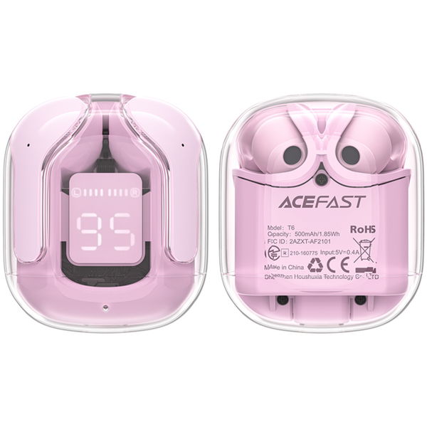 Acefast - Wireless Earbuds (T6) - USB-C, IPX4, Bluetooth 5.3, ENC, Fast Charging, LED Digital Display, 500mAh - Pink Lotus