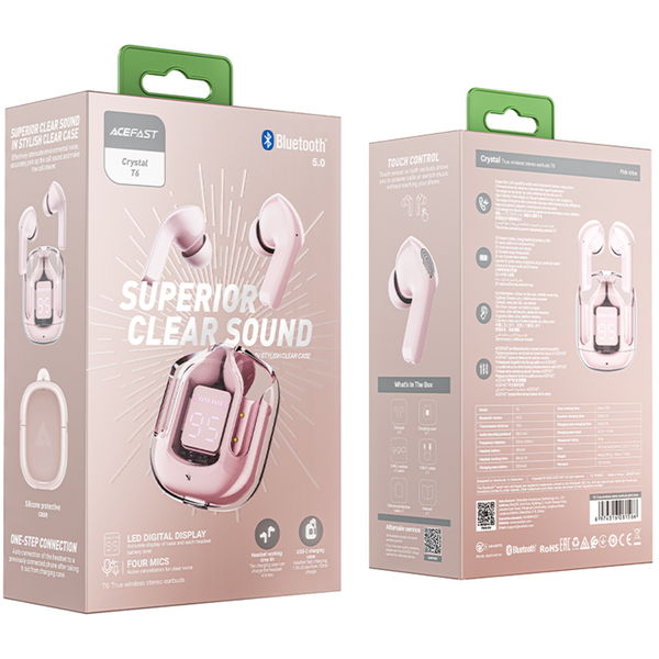 Acefast - Wireless Earbuds (T6) - USB-C, IPX4, Bluetooth 5.3, ENC, Fast Charging, LED Digital Display, 500mAh - Pink Lotus