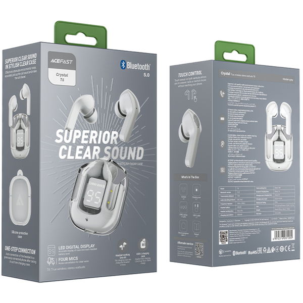 Acefast - Wireless Earbuds (T6) - USB-C, IPX4, Bluetooth 5.3, ENC, Fast Charging, LED Digital Display, 500mAh - Modern Grey