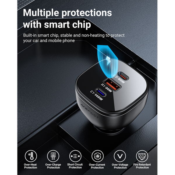 Acefast - Car Charger (B14) - 2x USB-C, USB, 165W, Fast Charging, Intelligent Temperature Control - Black