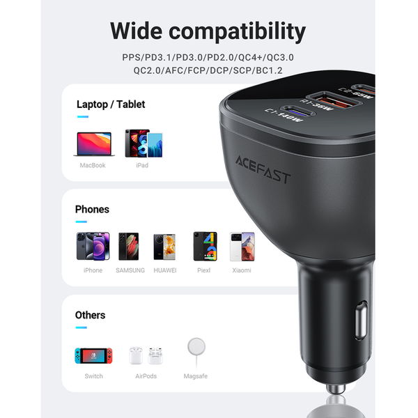 Acefast - Car Charger (B14) - 2x USB-C, USB, 165W, Fast Charging, Intelligent Temperature Control - Black