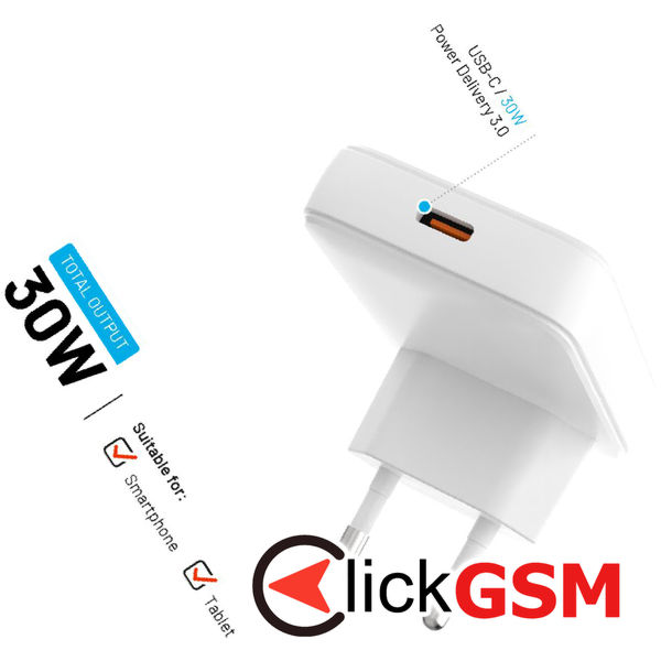 Fixed - Wall Charger (FIXCG30S-C-WH) - Slim Design, Type-C, GaN, Power Delivery 3.0, 30W - White