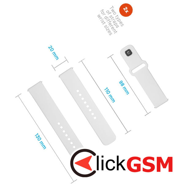 Fixed - Silicone Sporty Strap Set 20mm - Samsung Galaxy Watch 4/5/Active 2, Huawei Watch GT 3 (42mm)/GT 3 Pro (43mm) - White