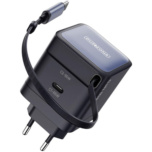 Duzzona - Wall Charger with Hidden Cable (T10) - 2x USB-C, GaN Fast Charging 65W - Black