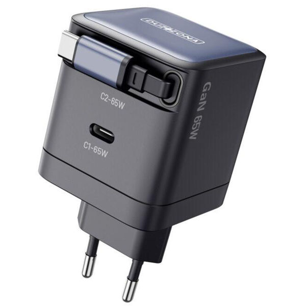 Duzzona - Wall Charger with Hidden Cable (T10) - 2x USB-C, GaN Fast Charging 65W - Black