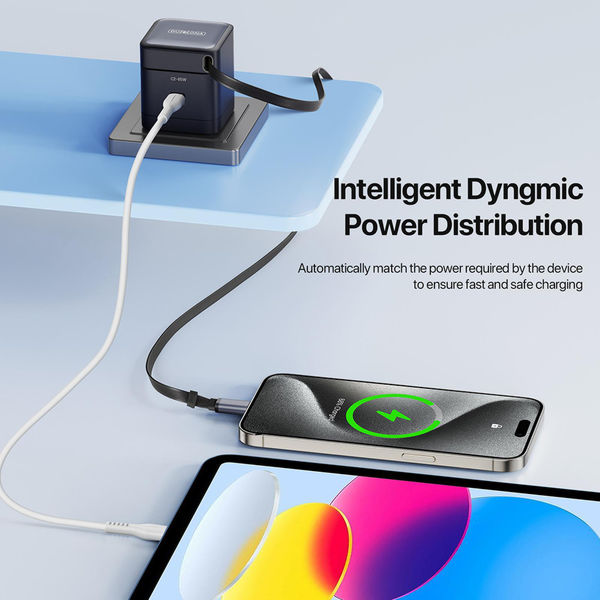 Duzzona - Wall Charger with Hidden Cable (T10) - 2x USB-C, GaN Fast Charging 65W - Black