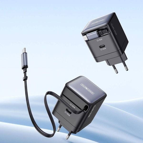 Duzzona - Wall Charger with Hidden Cable (T10) - 2x USB-C, GaN Fast Charging 65W - Black