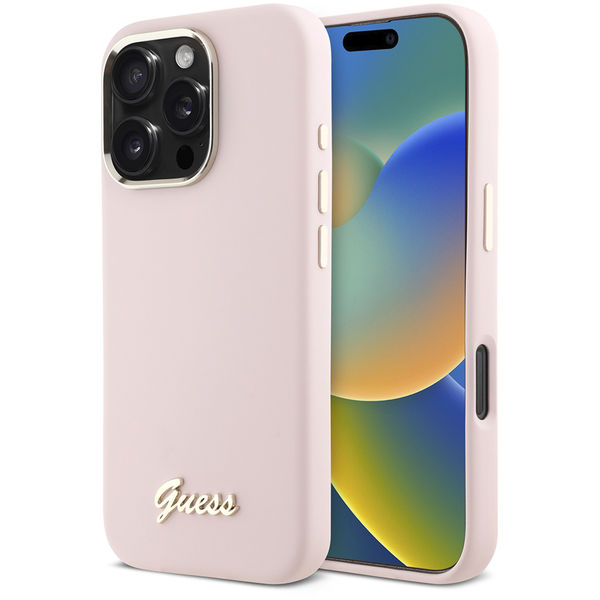 Guess - Silicone Script Metal Logo & Frame (GUHCP16LSMBSLP) - iPhone 16 Pro - Pink