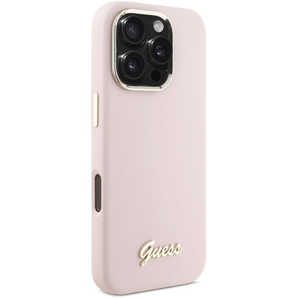 Guess - Silicone Script Metal Logo & Frame (GUHCP16LSMBSLP) - iPhone 16 Pro - Pink