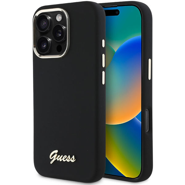 Guess - Silicone Script Metal Logo & Frame (GUHCP16LSMBSLK) - iPhone 16 Pro - Black