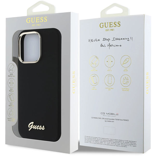 Guess - Silicone Script Metal Logo & Frame (GUHCP16LSMBSLK) - iPhone 16 Pro - Black