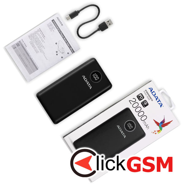 Adata - Power Bank (AP20000QCD-DGT-CBK) - Micro-USB, USB-C, 2xUSB, Quick Charge 3.0, PD18W, 20000mAh, Digital Display - Black