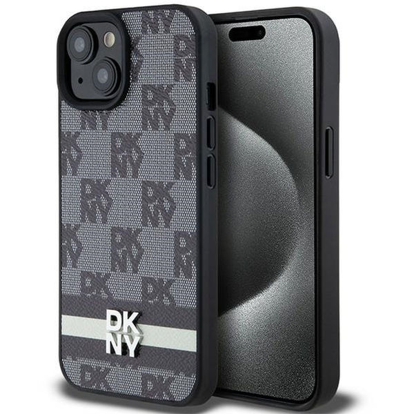 DKNY - Leather Checkered Mono Pattern & Printed Stripes (DKHCP15MPCPTSSK) - iPhone 15 Plus - Black