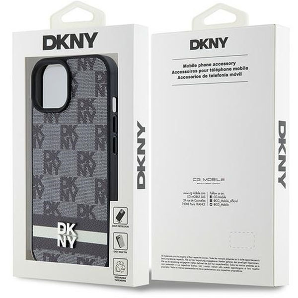 DKNY - Leather Checkered Mono Pattern & Printed Stripes (DKHCP15MPCPTSSK) - iPhone 15 Plus - Black