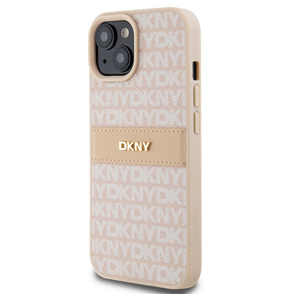 DKNY - Leather Mono Stripe & Metal Logo (DKHCP15MPRTHSLP) - iPhone 15 Plus - Pink