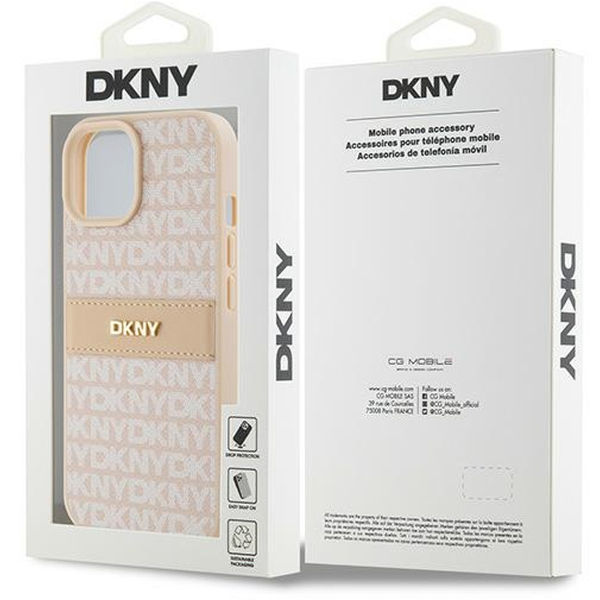 DKNY - Leather Mono Stripe & Metal Logo (DKHCP15MPRTHSLP) - iPhone 15 Plus - Pink