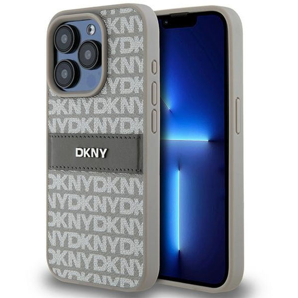 DKNY - Leather Mono Stripe & Metal Logo (DKHCP15XPRTHSLE) - iPhone 15 Pro Max - Beige