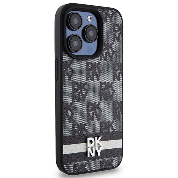 DKNY - Leather Checkered Mono Pattern & Printed Stripes (DKHCP15XPCPTSSK) - iPhone 15 Pro Max - Black