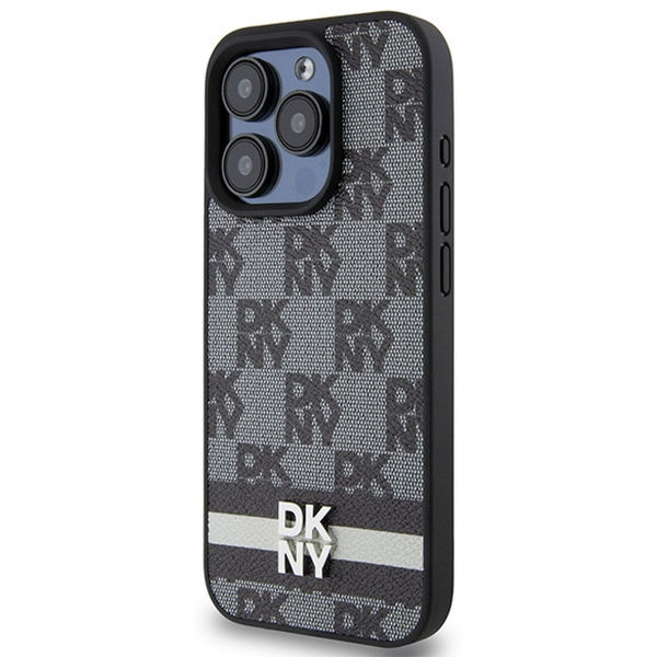 DKNY - Leather Checkered Mono Pattern & Printed Stripes (DKHCP15XPCPTSSK) - iPhone 15 Pro Max - Black